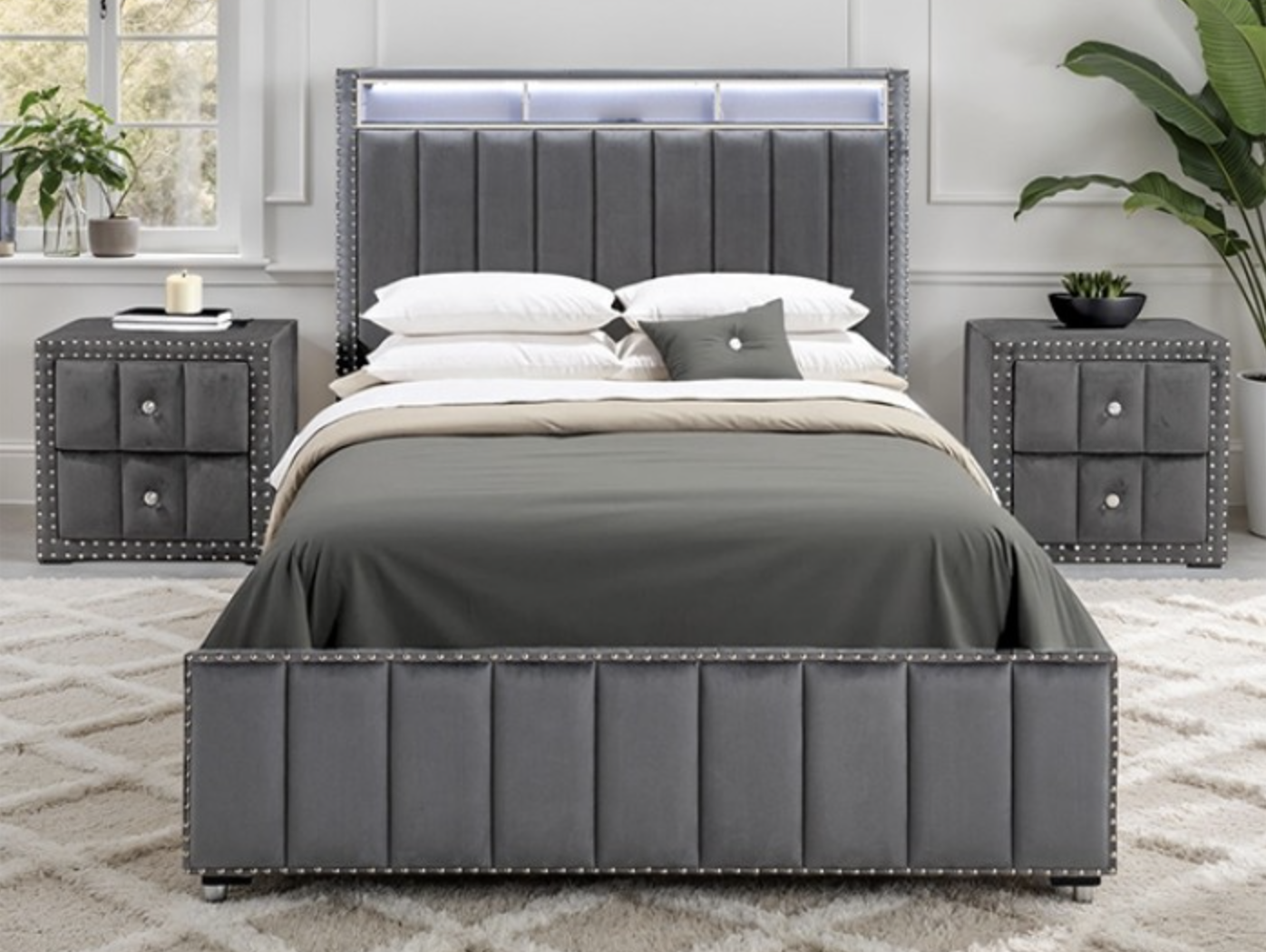 Farese Collection Velvet Bedroom Set with LED Headboard - Carmichael Furniture Outlet