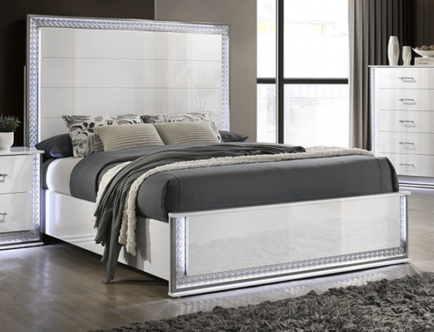 Hazeline Collection High Gloss White LED Bedroom Set - Carmichael Furniture Outlet